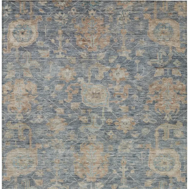 5' X 8' Denim Blue Brown And Beige Damask Washable Indoor Outdoor Area Rug
