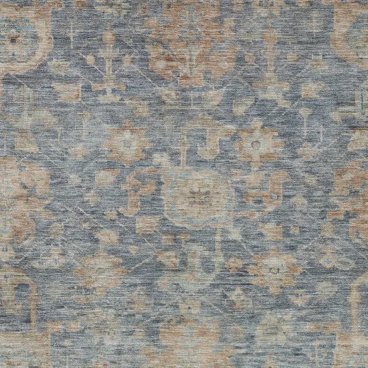 5' X 8' Denim Blue Brown And Beige Damask Washable Indoor Outdoor Area Rug