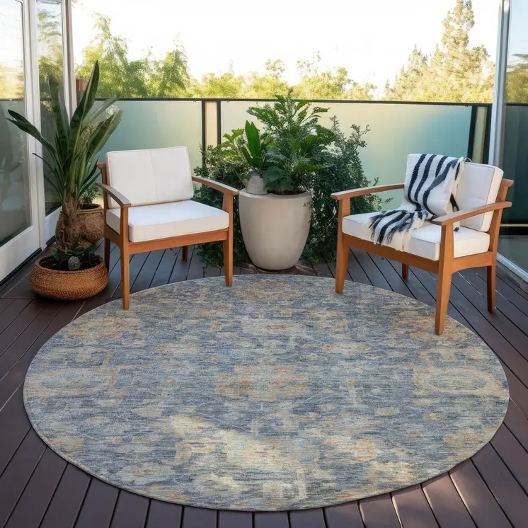 8' Denim Blue Brown And Beige Round Damask Washable Indoor Outdoor Area Rug