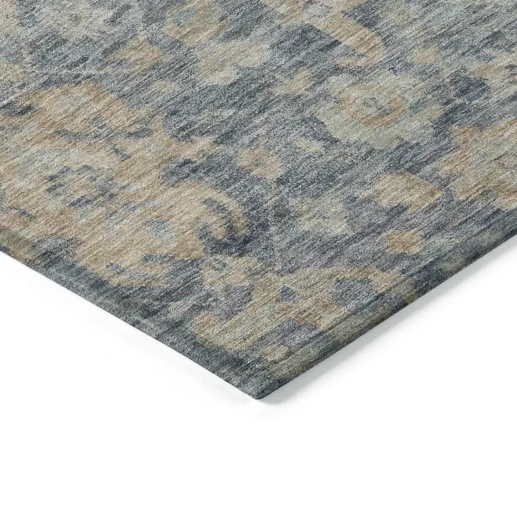 8' Denim Blue Brown And Beige Round Damask Washable Indoor Outdoor Area Rug