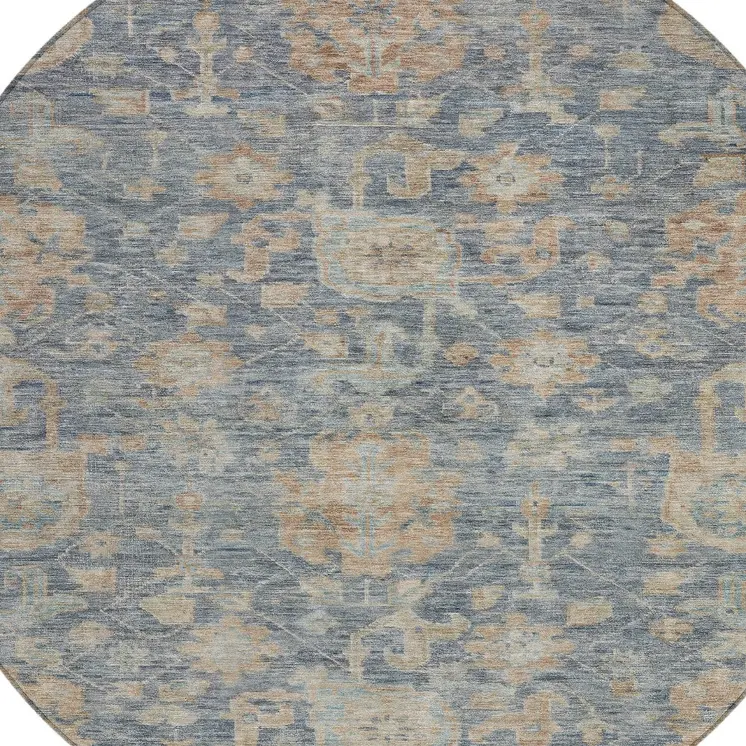 8' Denim Blue Brown And Beige Round Damask Washable Indoor Outdoor Area Rug