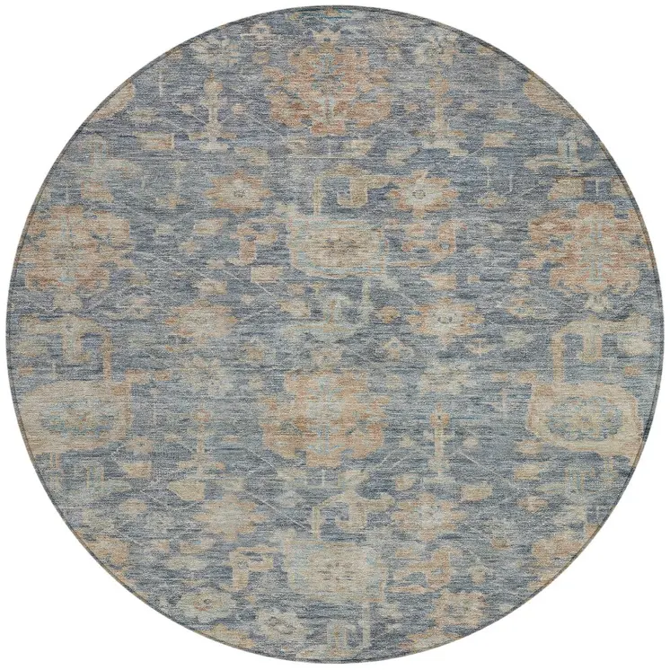 8' Denim Blue Brown And Beige Round Damask Washable Indoor Outdoor Area Rug