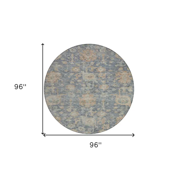 8' Denim Blue Brown And Beige Round Damask Washable Indoor Outdoor Area Rug