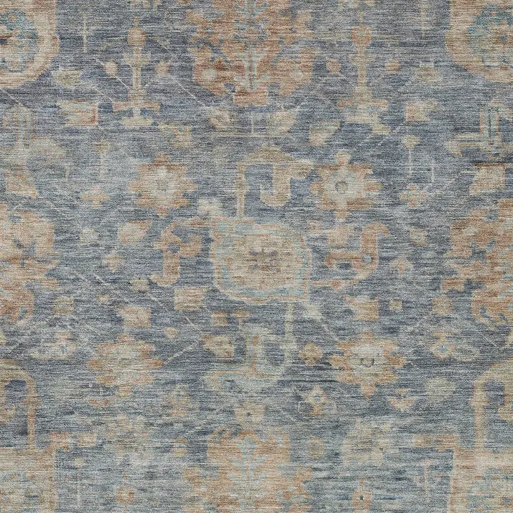 8' X 10' Denim Blue Brown And Beige Damask Washable Indoor Outdoor Area Rug