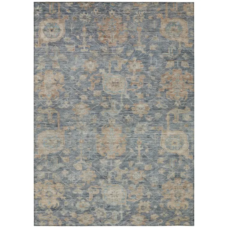 9' X 12' Denim Blue Brown And Beige Damask Washable Indoor Outdoor Area Rug