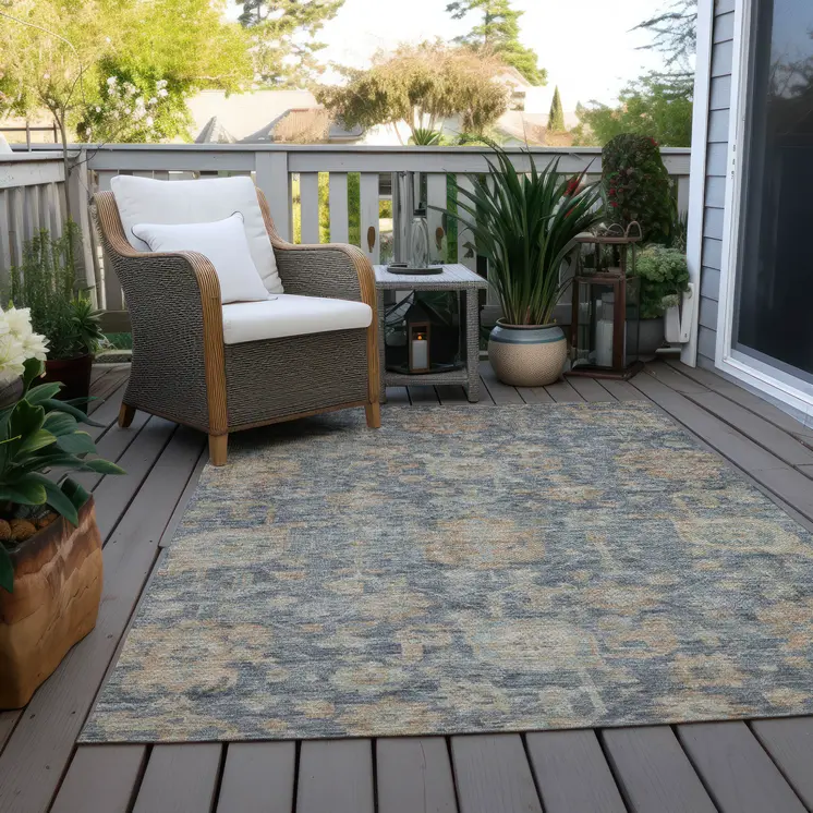 9' X 12' Denim Blue Brown And Beige Damask Washable Indoor Outdoor Area Rug