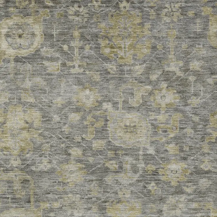 3' X 5' Pewter And Green Damask Washable Indoor Outdoor Area Rug