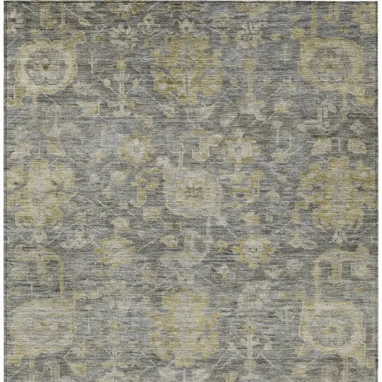 5' X 8' Pewter And Green Damask Washable Indoor Outdoor Area Rug