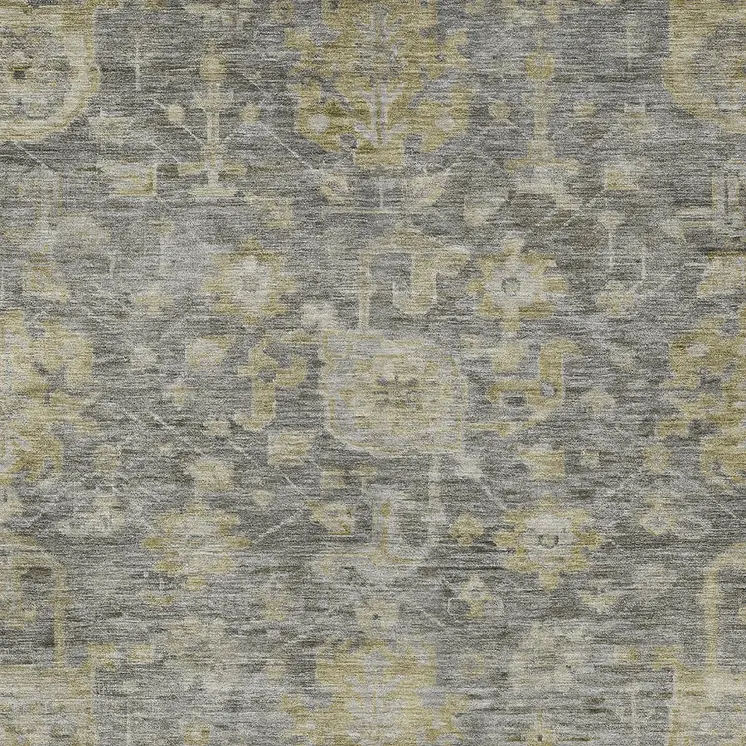 5' X 8' Pewter And Green Damask Washable Indoor Outdoor Area Rug