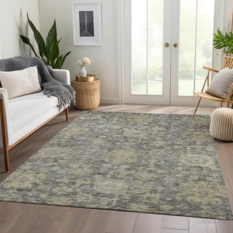 5' X 8' Pewter And Green Damask Washable Indoor Outdoor Area Rug