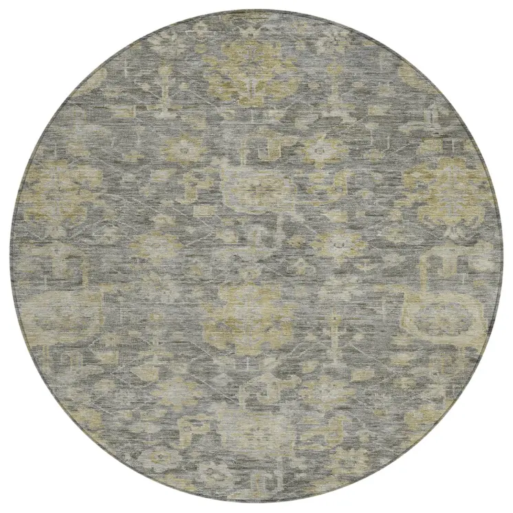 8' Pewter And Green Round Damask Washable Indoor Outdoor Area Rug