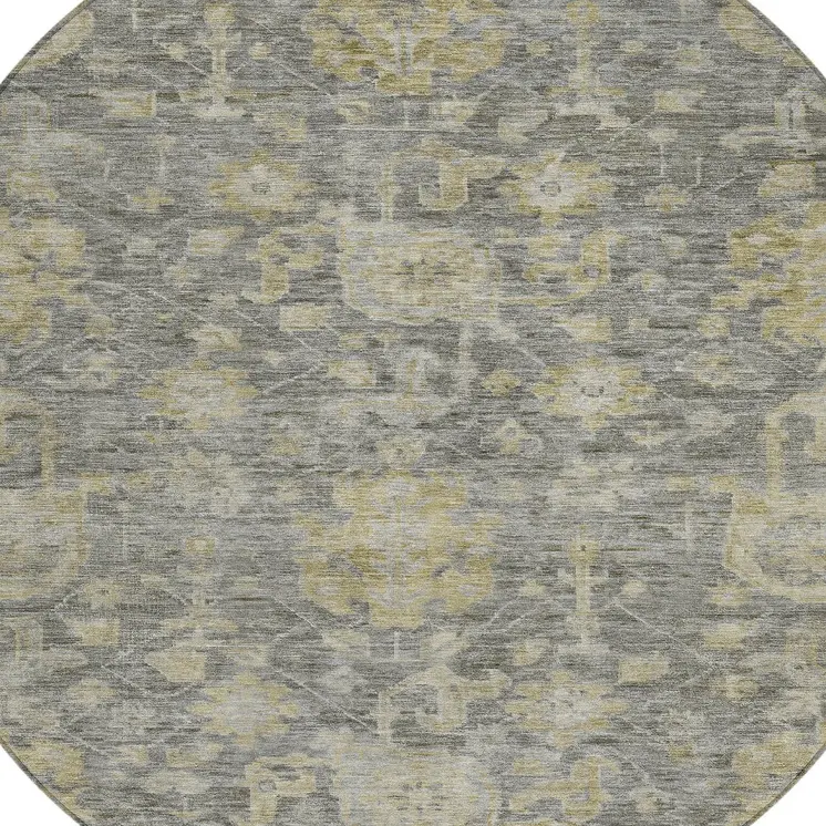8' Pewter And Green Round Damask Washable Indoor Outdoor Area Rug