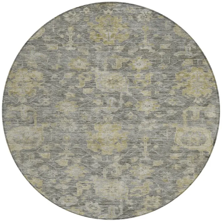 8' Pewter And Green Round Damask Washable Indoor Outdoor Area Rug
