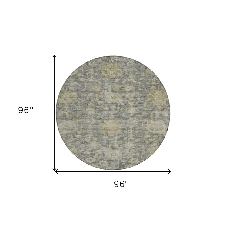 8' Pewter And Green Round Damask Washable Indoor Outdoor Area Rug