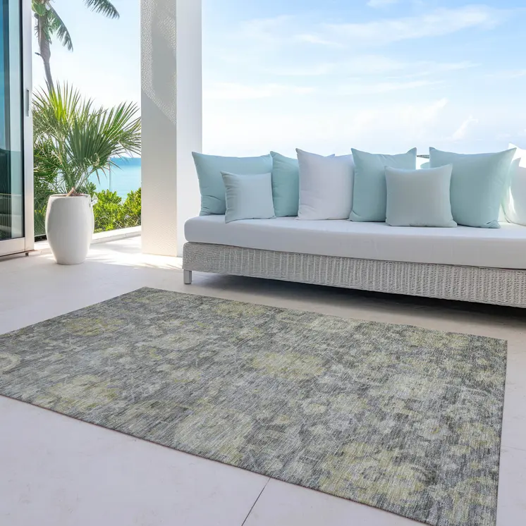 8' X 10' Pewter And Green Damask Washable Indoor Outdoor Area Rug
