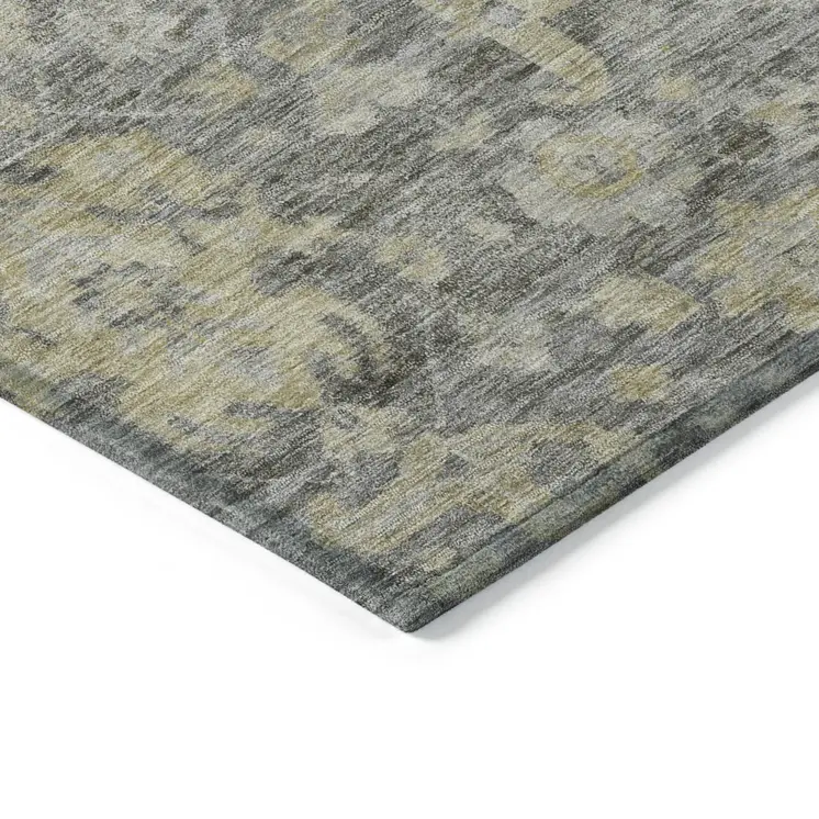 8' X 10' Pewter And Green Damask Washable Indoor Outdoor Area Rug