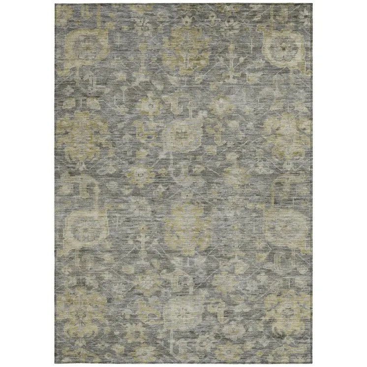 8' X 10' Pewter And Green Damask Washable Indoor Outdoor Area Rug