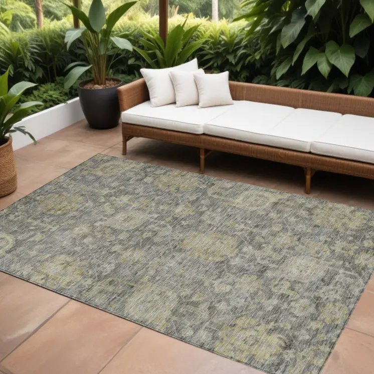 9' X 12' Pewter And Green Damask Washable Indoor Outdoor Area Rug