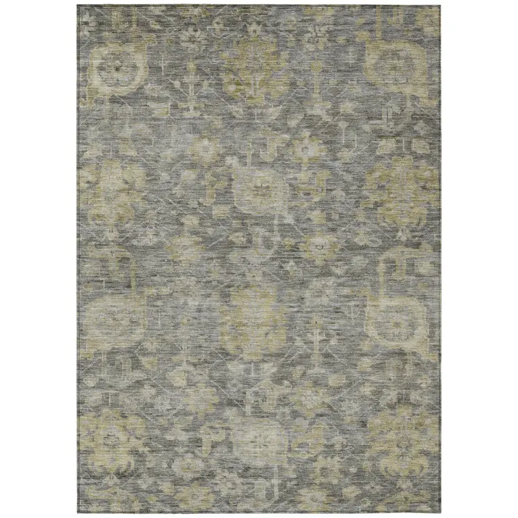9' X 12' Pewter And Green Damask Washable Indoor Outdoor Area Rug