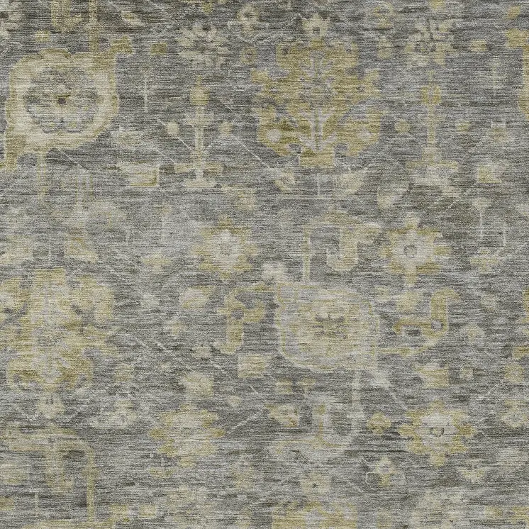 9' X 12' Pewter And Green Damask Washable Indoor Outdoor Area Rug