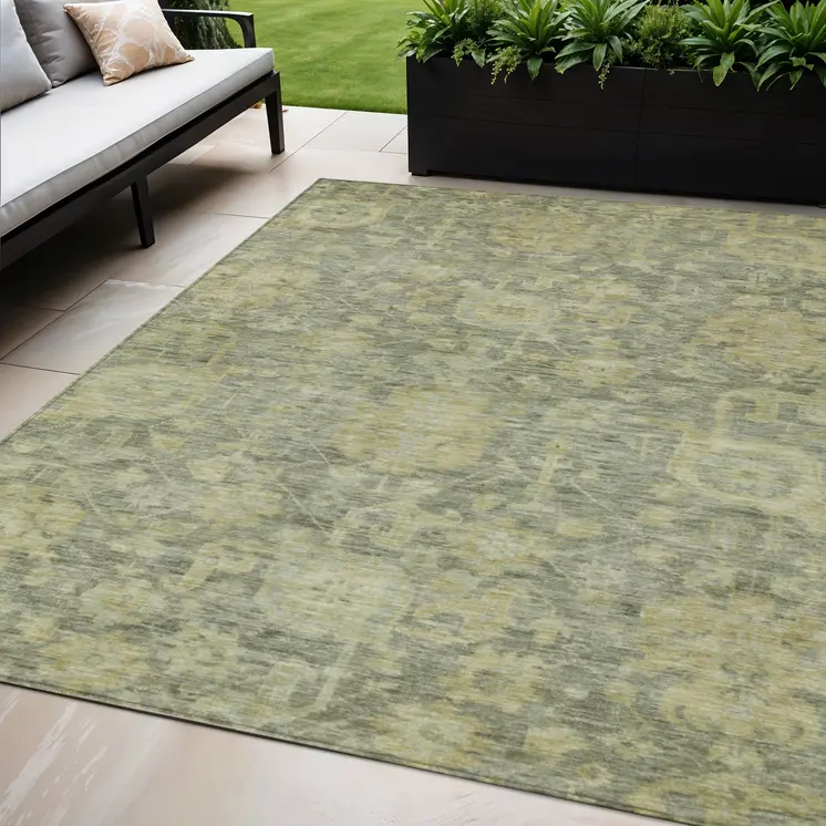 5' X 8' Sage And Green Damask Washable Indoor Outdoor Area Rug