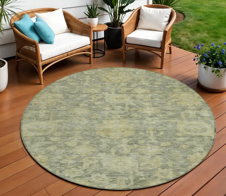 8' Sage And Green Round Damask Washable Indoor Outdoor Area Rug