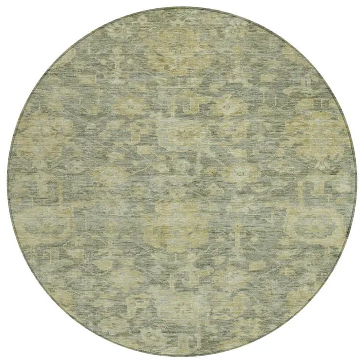 8' Sage And Green Round Damask Washable Indoor Outdoor Area Rug