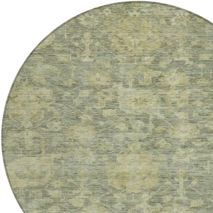 8' Sage And Green Round Damask Washable Indoor Outdoor Area Rug