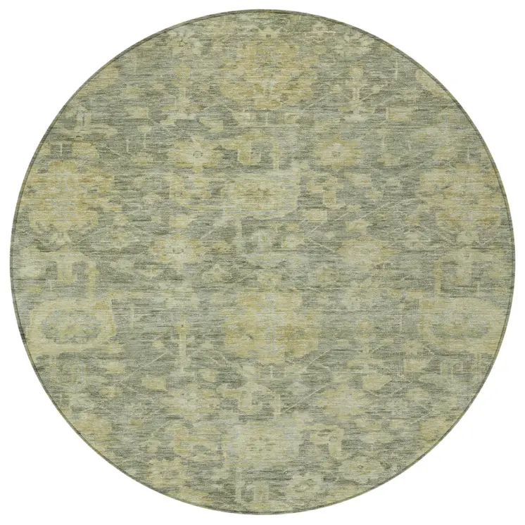 8' Sage And Green Round Damask Washable Indoor Outdoor Area Rug