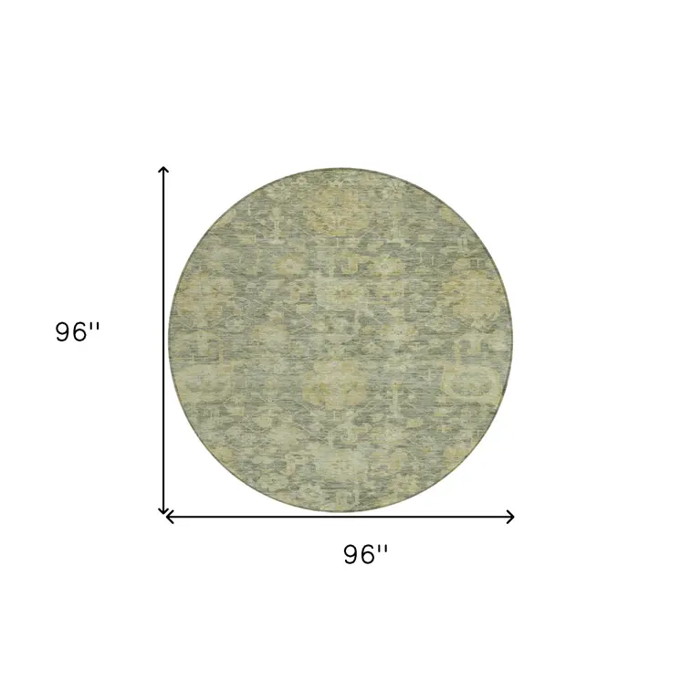 8' Sage And Green Round Damask Washable Indoor Outdoor Area Rug
