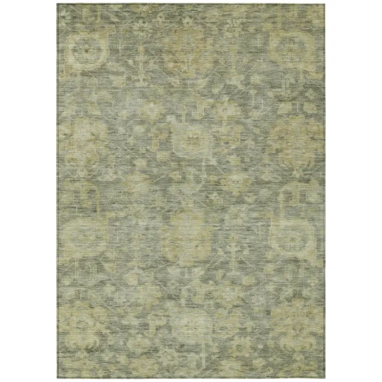 8' X 10' Sage And Green Damask Washable Indoor Outdoor Area Rug