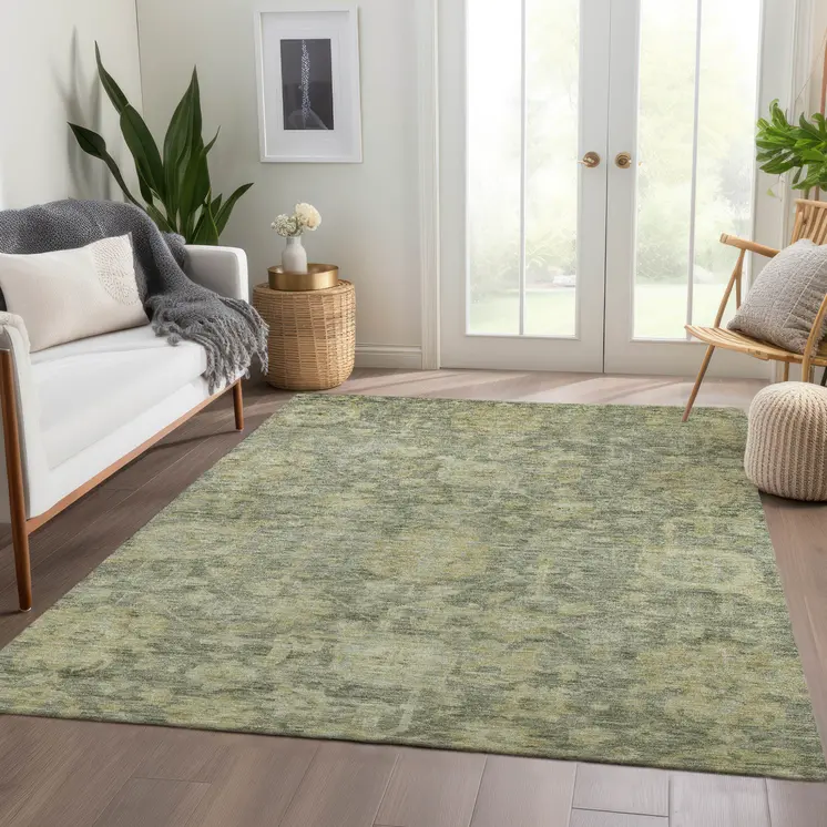 8' X 10' Sage And Green Damask Washable Indoor Outdoor Area Rug