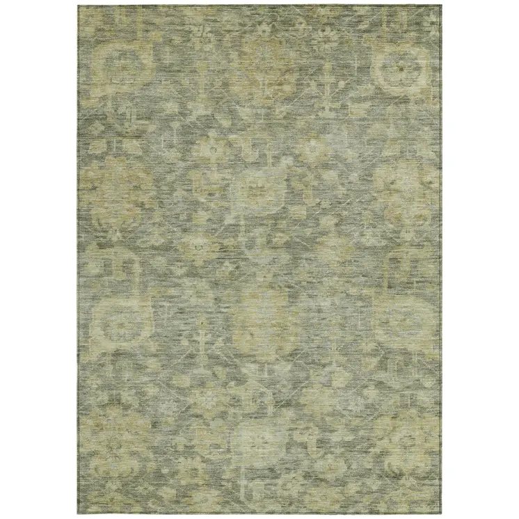 10' X 14' Sage And Green Damask Washable Indoor Outdoor Area Rug