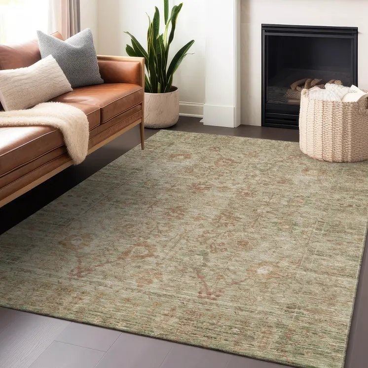 3' X 5' Beige Brown And Green Oriental Washable Indoor Outdoor Area Rug