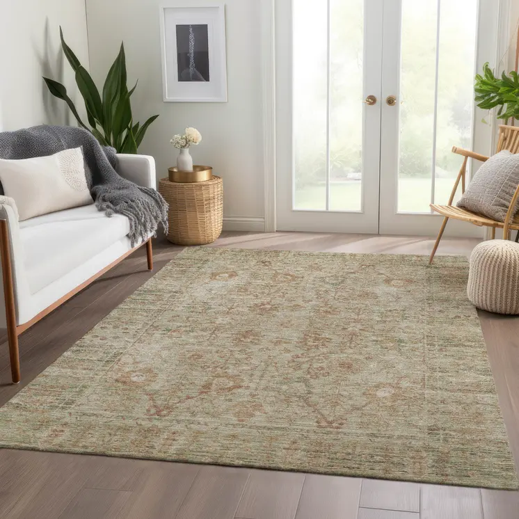 3' X 5' Beige Brown And Green Oriental Washable Indoor Outdoor Area Rug