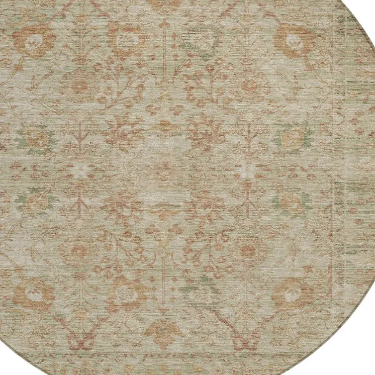 8' Beige Brown And Green Round Oriental Washable Indoor Outdoor Area Rug