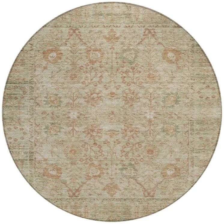 8' Beige Brown And Green Round Oriental Washable Indoor Outdoor Area Rug