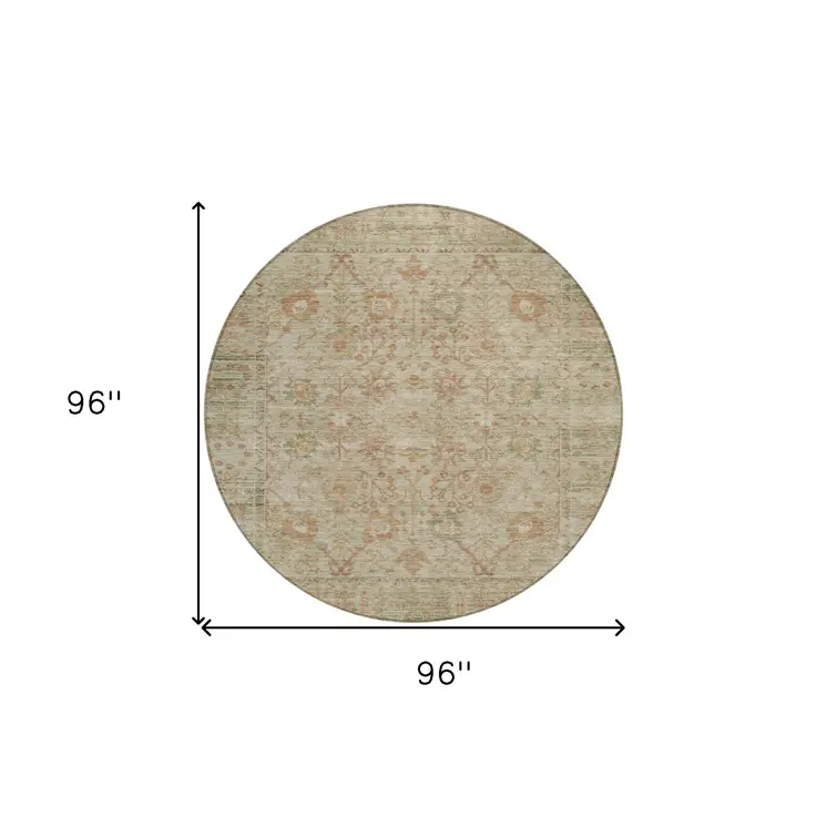 8' Beige Brown And Green Round Oriental Washable Indoor Outdoor Area Rug