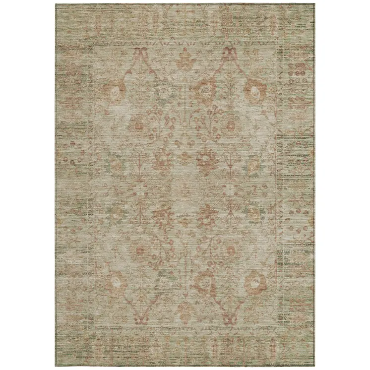 10' X 14' Beige Brown And Green Oriental Washable Indoor Outdoor Area Rug