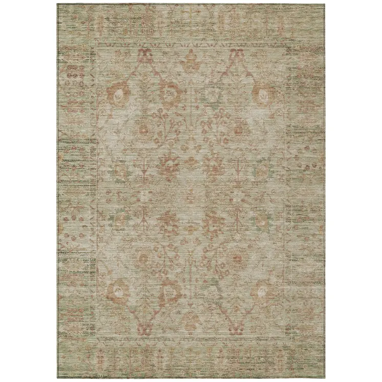 10' X 14' Beige Brown And Green Oriental Washable Indoor Outdoor Area Rug