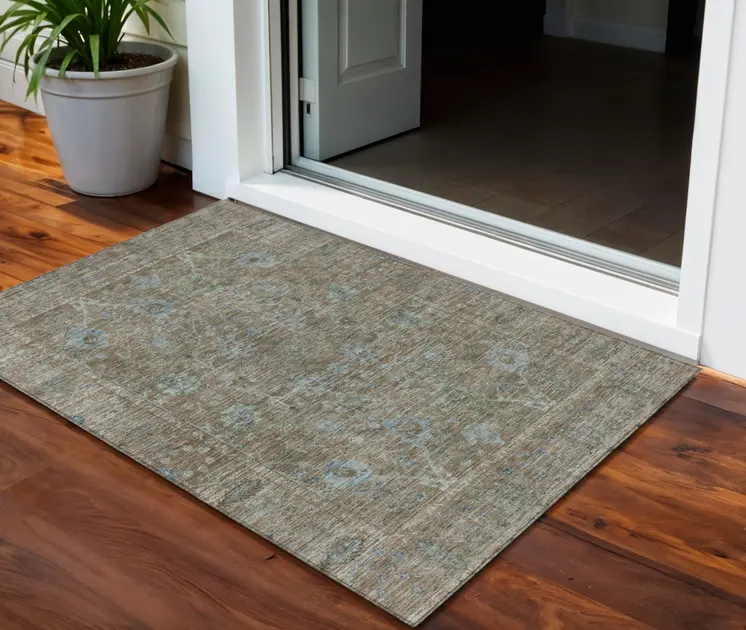 3' X 5' Brown And Blue Oriental Washable Indoor Outdoor Area Rug