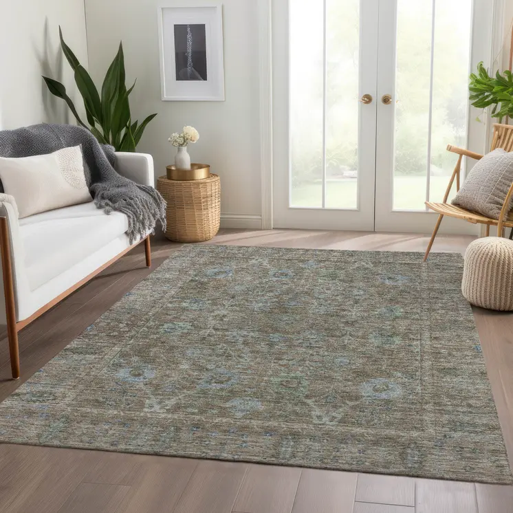 3' X 5' Brown And Blue Oriental Washable Indoor Outdoor Area Rug