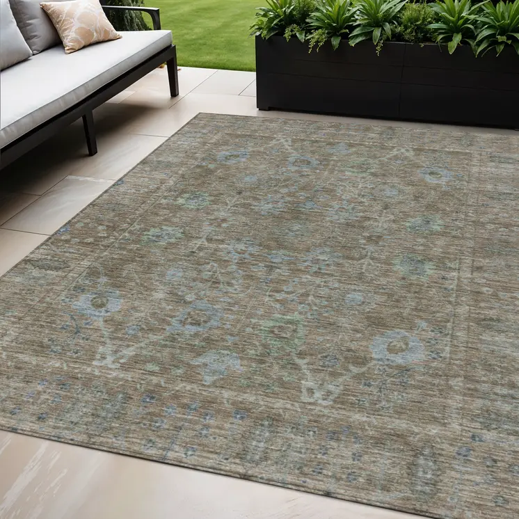 5' X 8' Brown And Blue Oriental Washable Indoor Outdoor Area Rug