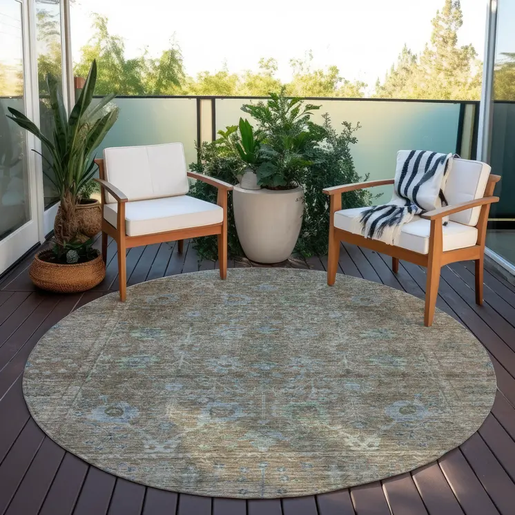 8' Brown And Blue Round Oriental Washable Indoor Outdoor Area Rug
