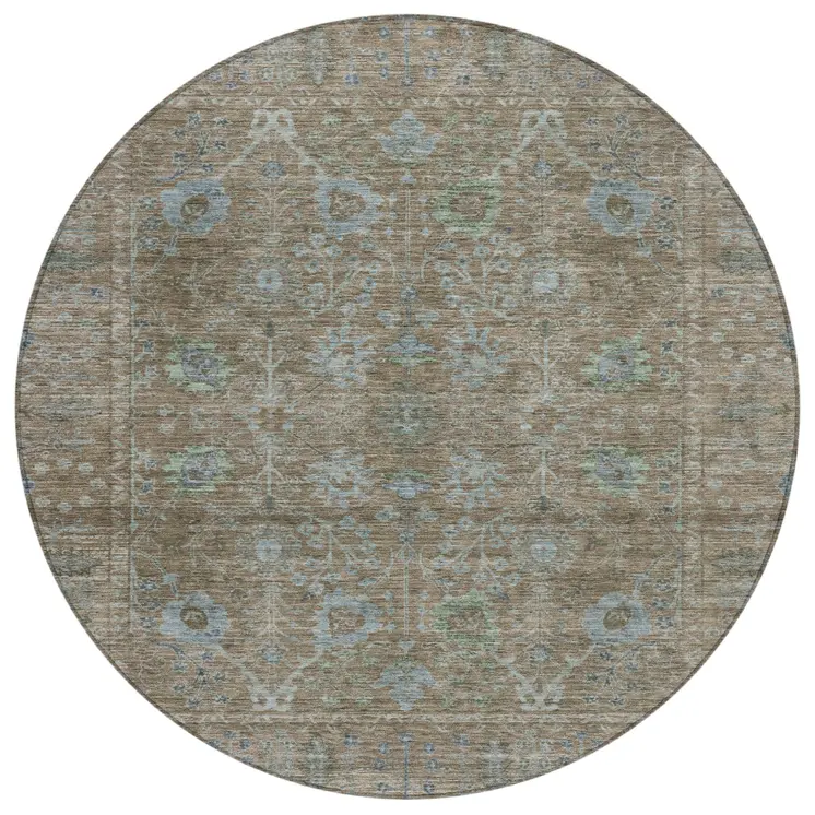 8' Brown And Blue Round Oriental Washable Indoor Outdoor Area Rug