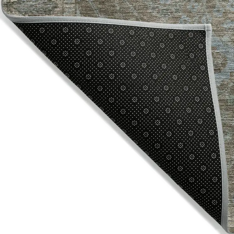 8' Brown And Blue Round Oriental Washable Indoor Outdoor Area Rug