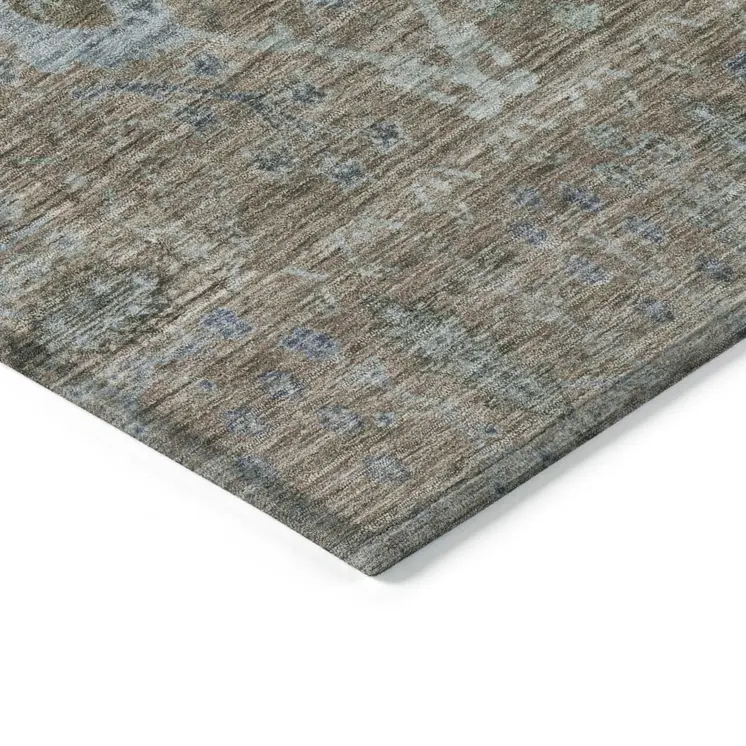 8' Brown And Blue Round Oriental Washable Indoor Outdoor Area Rug