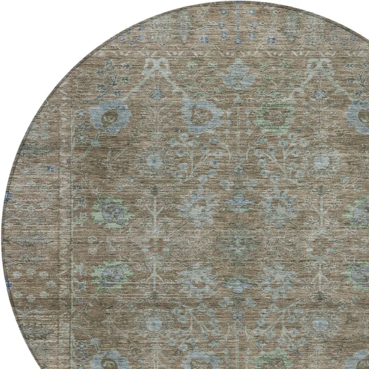 8' Brown And Blue Round Oriental Washable Indoor Outdoor Area Rug