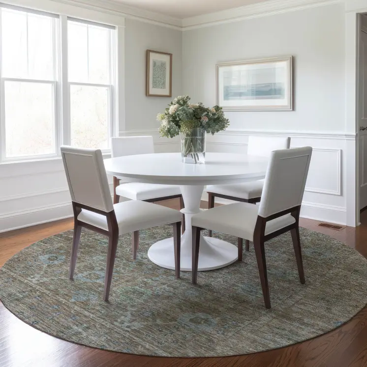 8' Brown And Blue Round Oriental Washable Indoor Outdoor Area Rug
