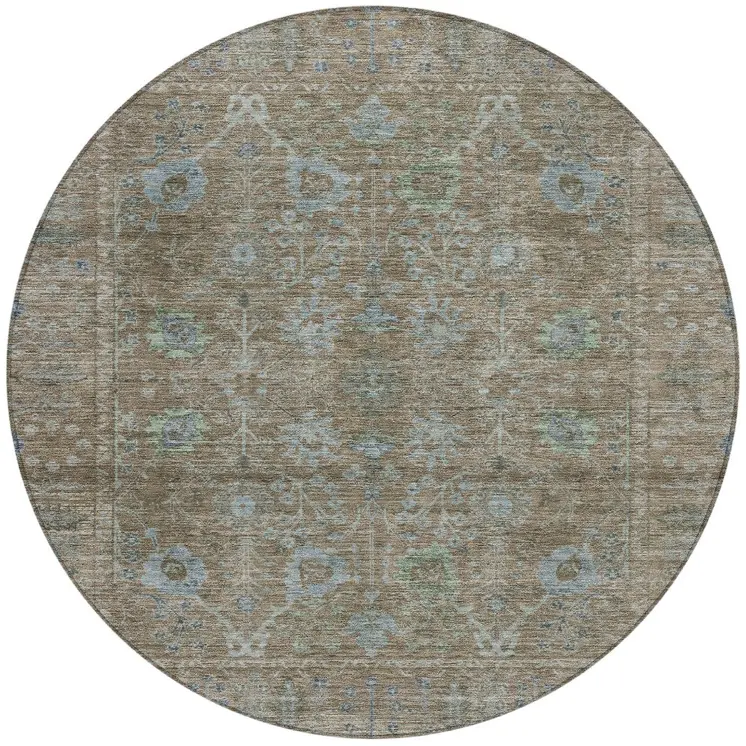 8' Brown And Blue Round Oriental Washable Indoor Outdoor Area Rug